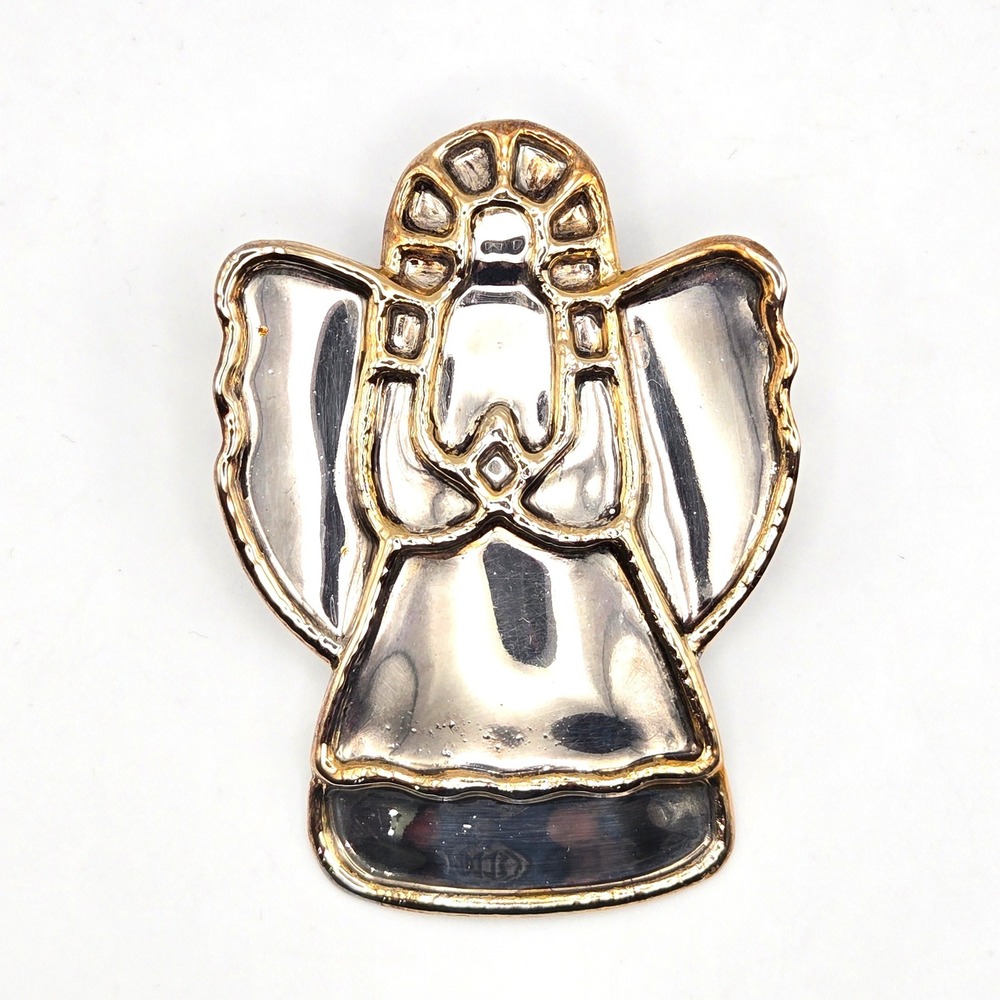 Vintage Brutalist Style Two Tone Silver Gold‎ Angel Brooch Pendant Religious